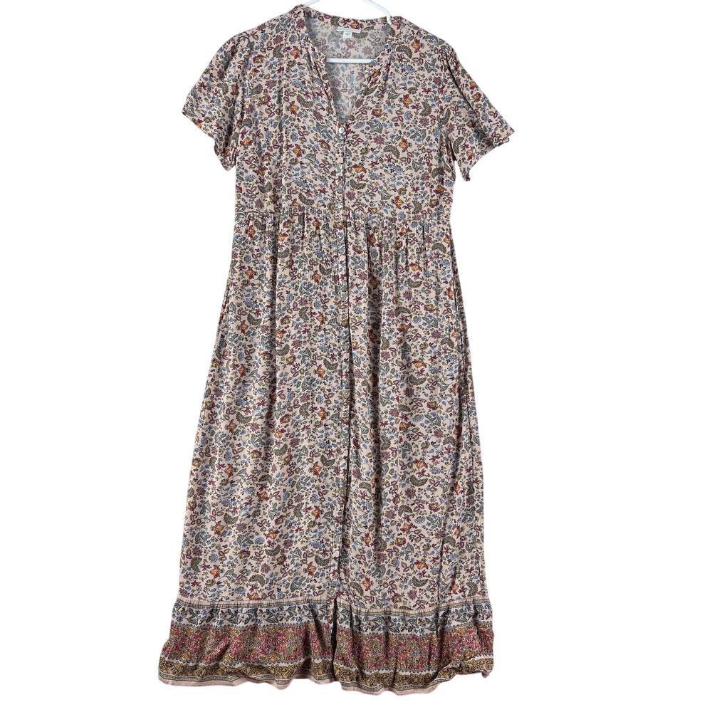 J.Jill Womens Floral Button Front Maxi Dress SZ S Pink Rayon Pockets